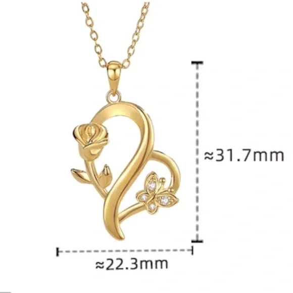 925 Sterling Silver Heart Rose Butterfly Pendant Necklace with Crystal Accents - Picture 10 of 15
